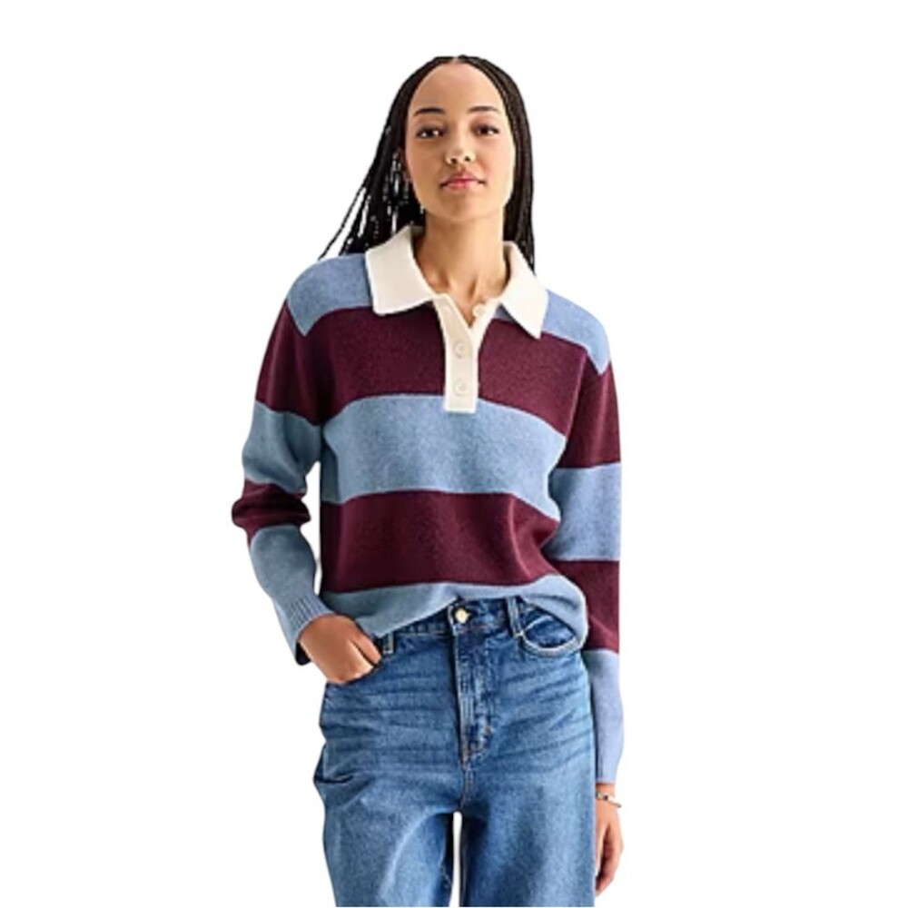 A.N.A Super Soft Striped Boxy Oversized Sweater Preppy Blue Burgundy Cream Sz S
